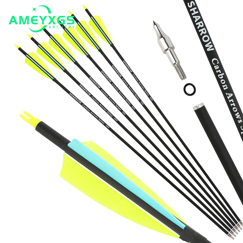 31.6inch Mixed Carbon Arrows SP500 Inset Nock True Feathers ID 6.2mm OD7.8mm for Bow Archery Shooting Hunting Accessories