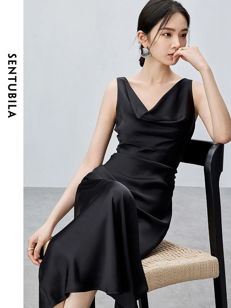 SENTUBILA Women Elegant Glossy Satin Black Dress Female 2024 Summer Slim Fit Sleeveless Slit Maxi Dress Party Club 142L55009