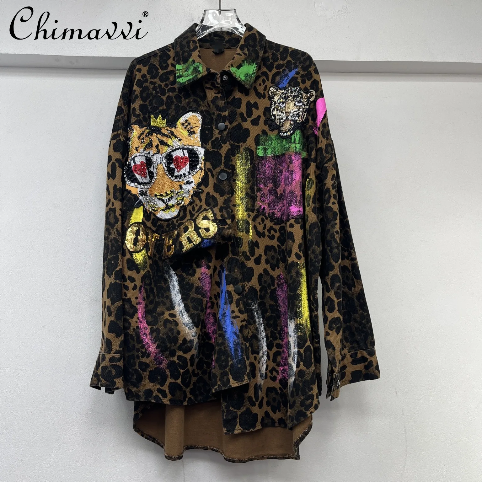 

2025 Autumn New Fashion Heavy Sequined Cartoon Leopard Print Long-sleeved Shirt Women's Loose Hand-painted Irregular Shirts Coat