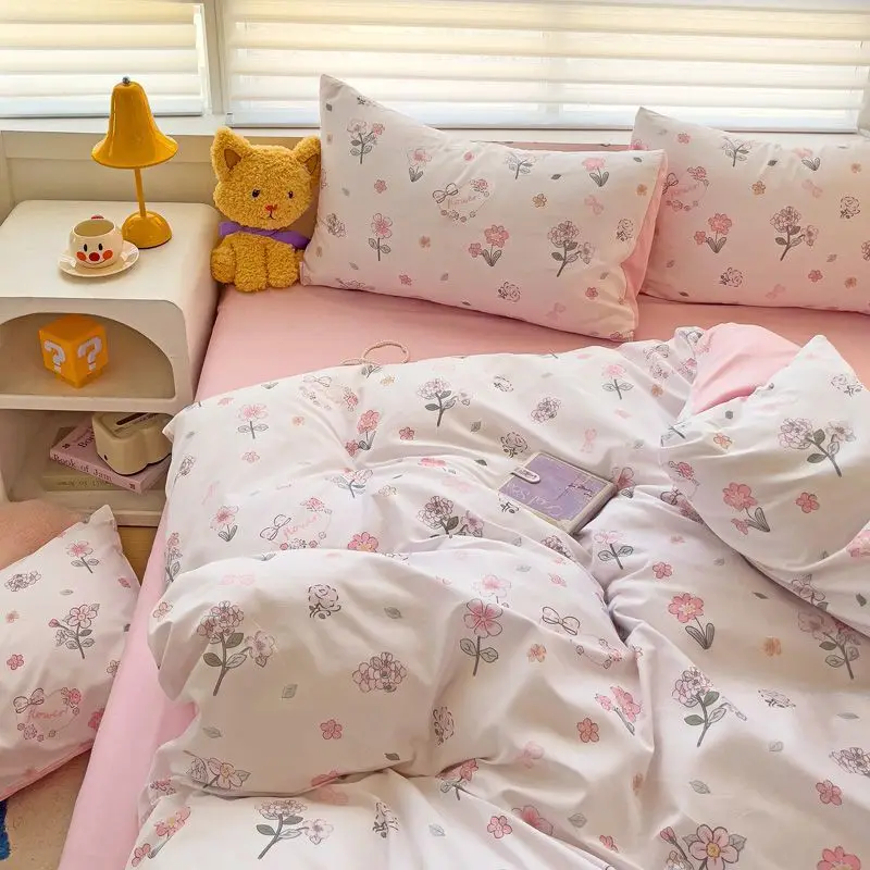 Kids Cute Bedding Set Floral Cartoon Ins Duvet Cover Flat Sheet Pillowcase Student Home Dormity Twin Full Size Comforter Cover
