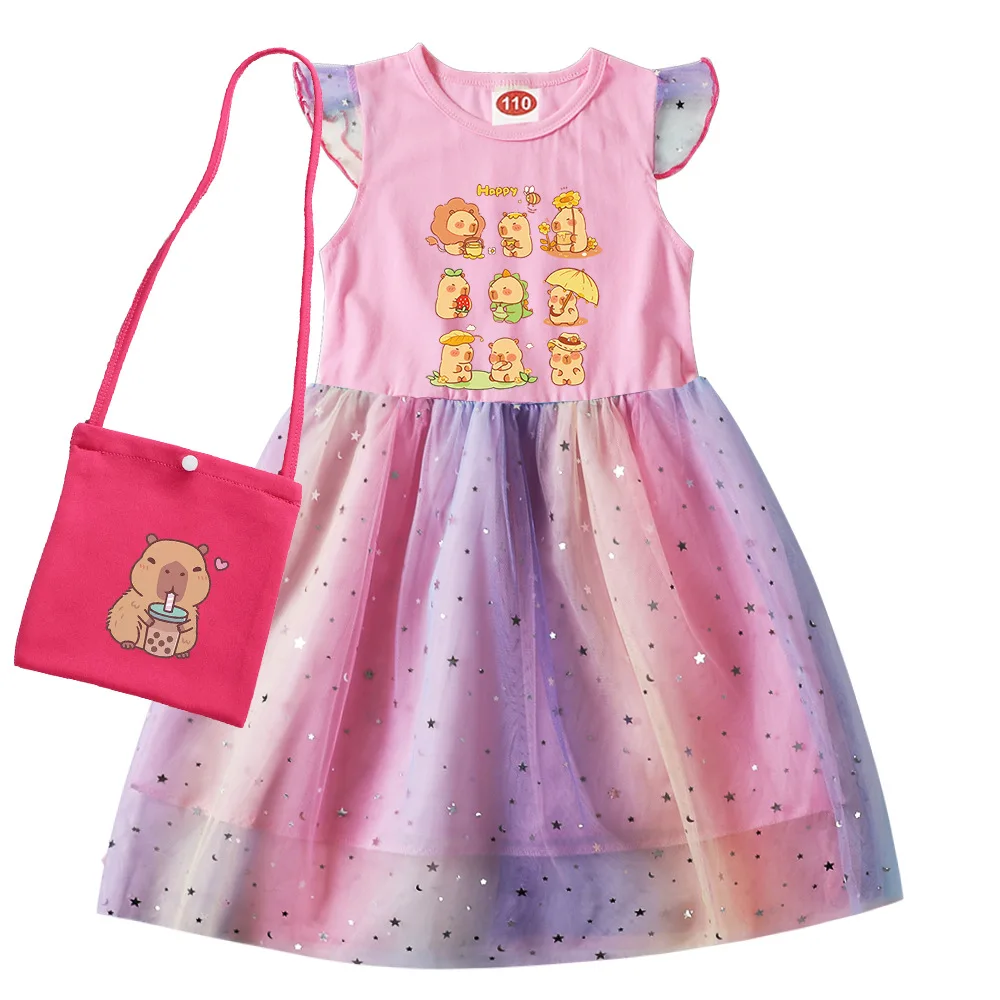 Cartoon Capybara Dress Kids Summer Outfits for Girls Short-sleeve Casual Dresses with Small Bag Children Lace Wedding Vestidos