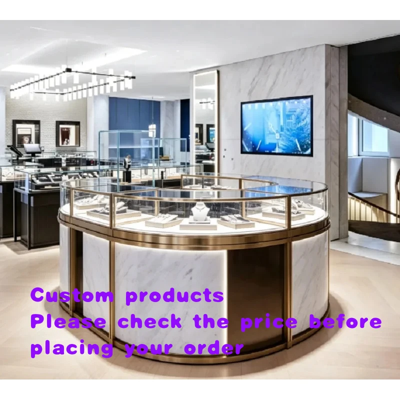custom.Luxury Black & Marble Curved Jewelry & Watch Display Island, Premium Glass Showcase Luxury Retail