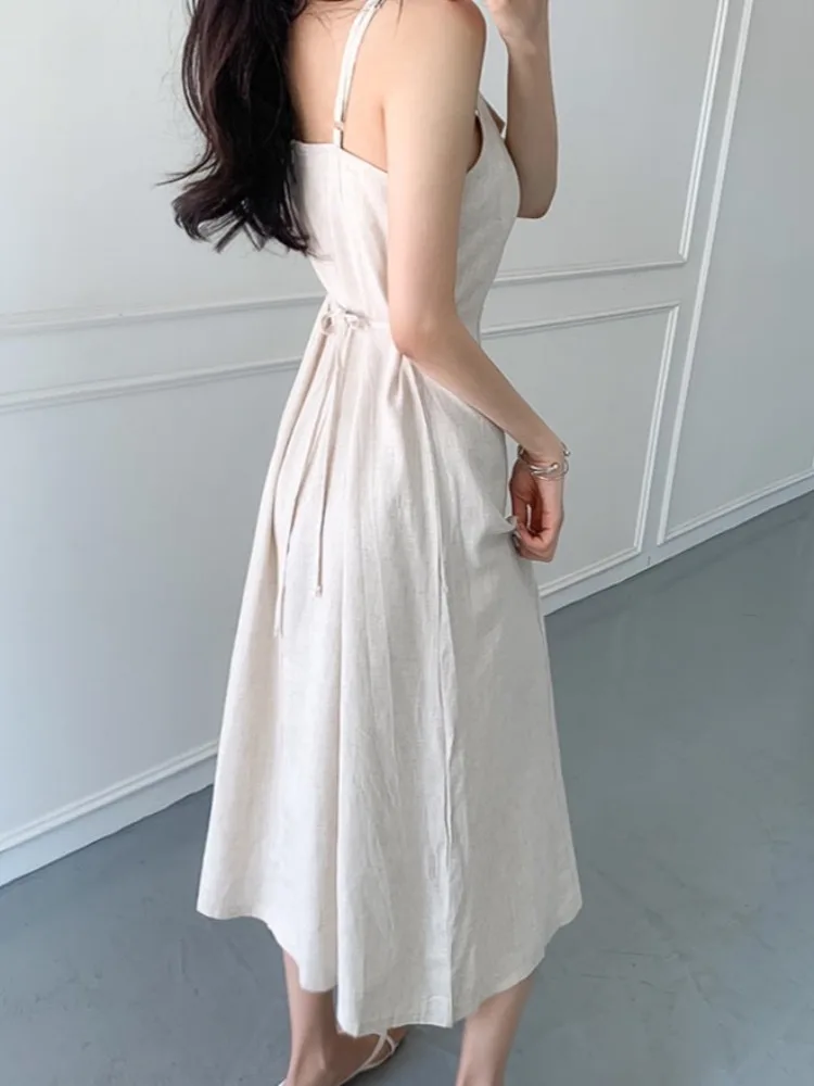 Summer Women's Cotton and Linen Slim Fit Dress Lace Up Camisole SkirtSimple Elegance Belted Waist Slimming High Waist Midi Dress