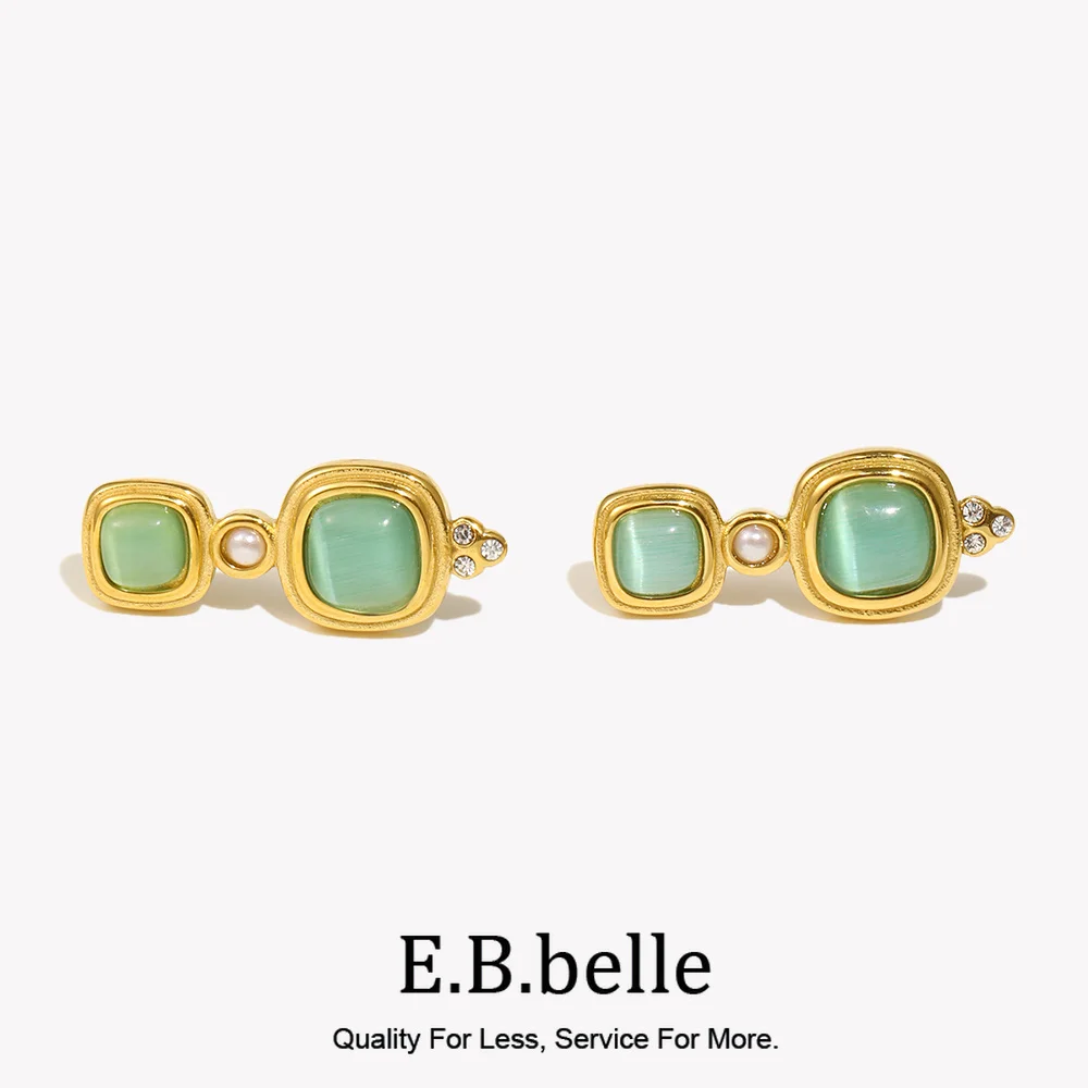 E.B.belle Vintage Style Rhinestone Square Green Gemstone Stud Earring  316L Stainless Steel 18K Gold Plated Hypoallergenic Charm