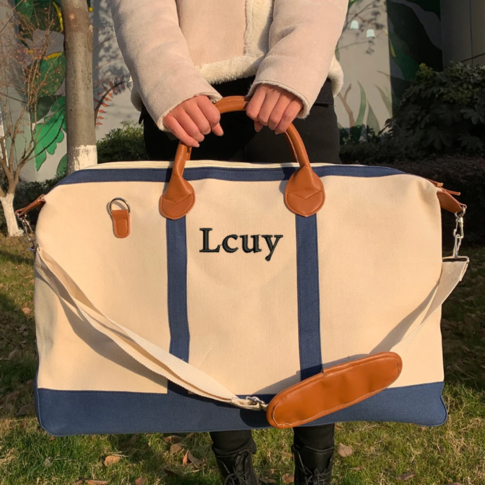 Sac de voyage en toile monogramme personnalisé pour dames, fourre-tout de grande capacité, nom brodé personnalisé, cadeau de vacances