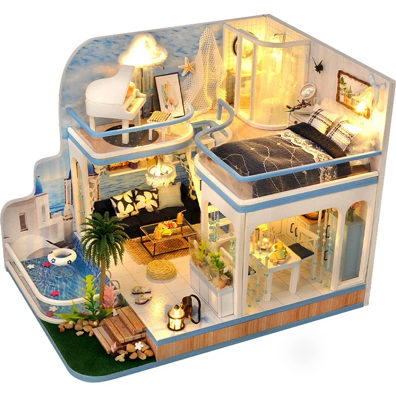 

Wooden Miniature Dollhouse Building Kits with Furniture LED Lights DIY for Girls Birthday Gift