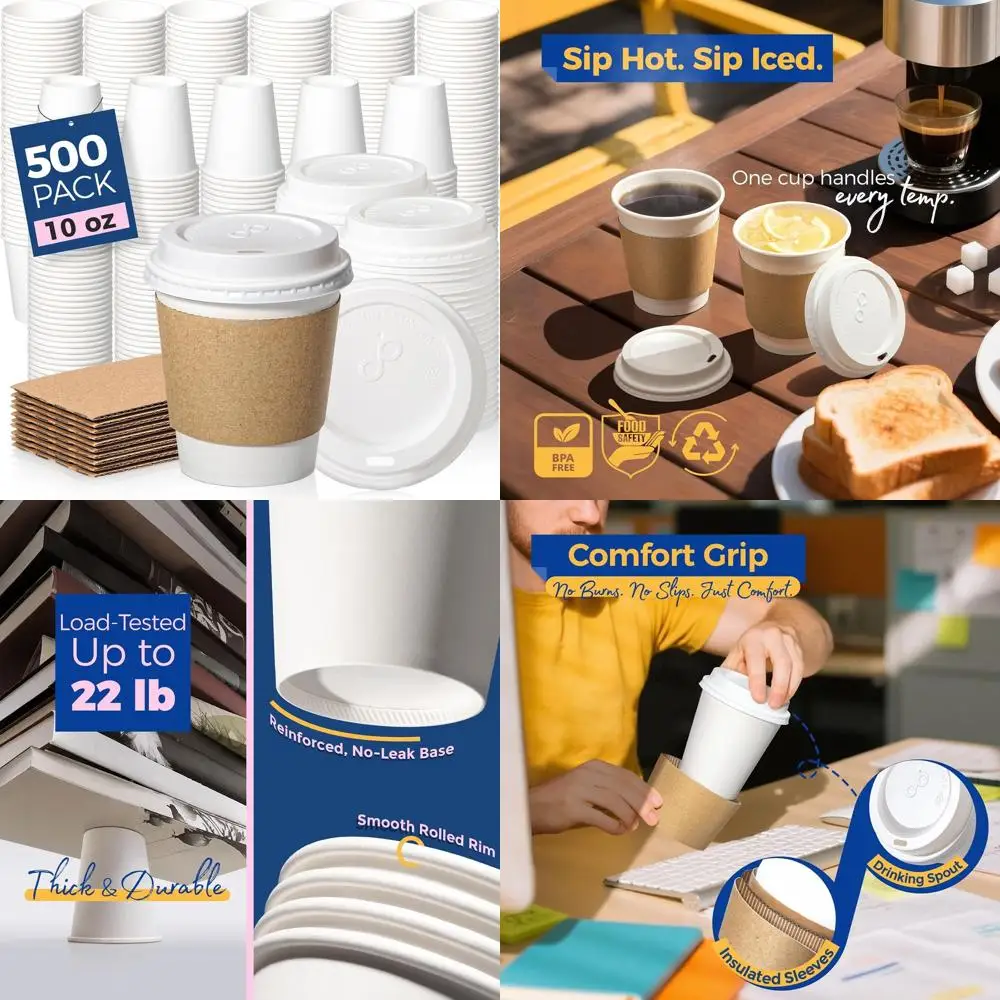 

10 oz Leak-Proof Disposable Coffee Cups with Lids, Sleeves for Home, Office, and Parties