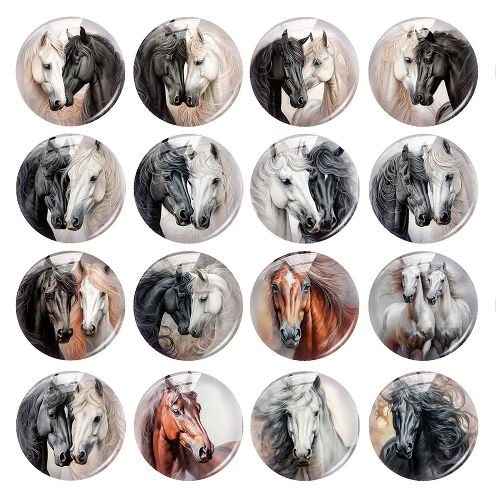 

Random Mixed Round/Oval/Square Couple Horse Black White Photo Glass Cabochon Flatback Demo Cameo For Diy Jewelry Making