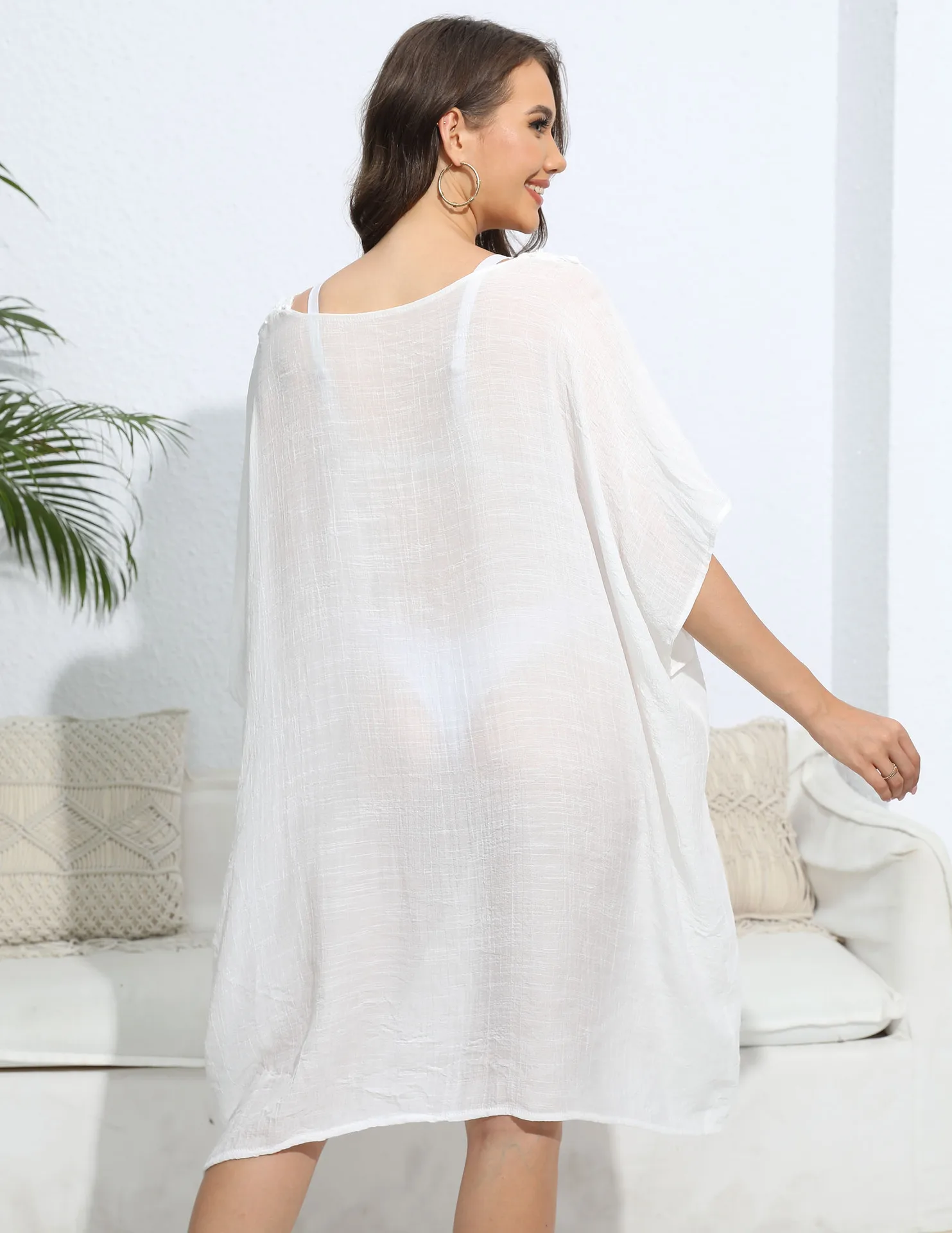 أنيقة الجوف خارج اليدوية الكروشيه المرقعة ميدي فستان الشاطئ النساء ملابس السباحة بيكيني التستر الخامس الرقبة فضفاض بحر تونك معطف