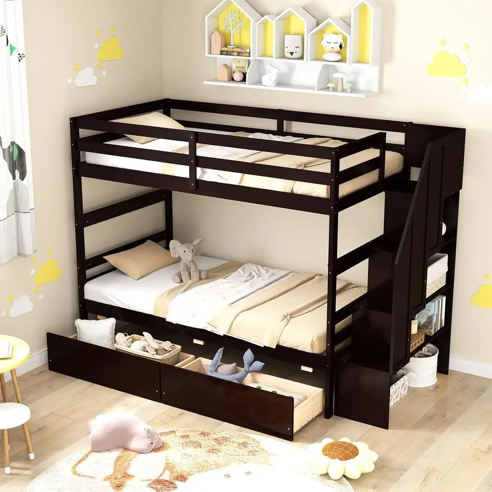 

Twin Over Twin Bunk Bed with Storage, Steps, Bookcase, and Safety Rail - Solid Wood Slats for Kids, Teens, Adults, No Box Spring