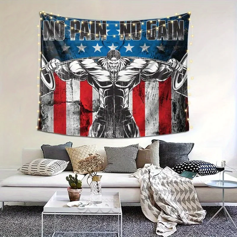 Inspirational Fitness Quote Tapestry - No Pain No Gain Themed Soft Suede Polyester Wall Art, for Gym and Home Decor