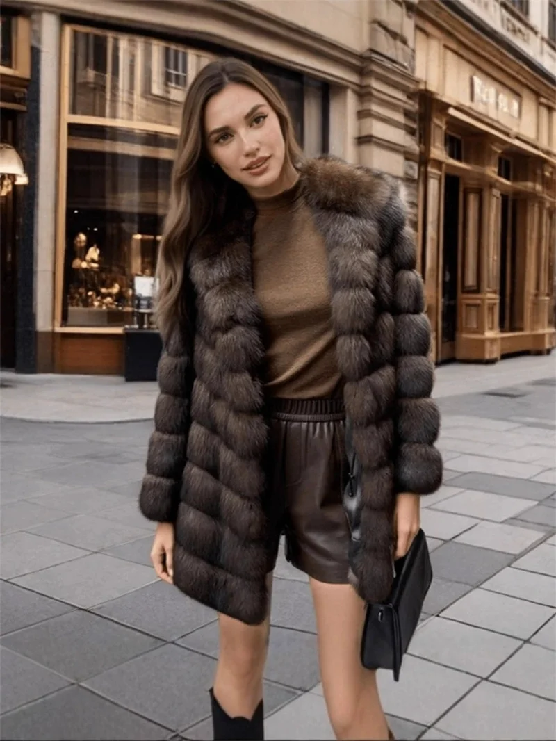 2025年ファッションイミテーションミンクファーコートレディースロングフェイクファーオーバーコート冬大きいサイズダークブラウン厚手フード付きゆったりアウター