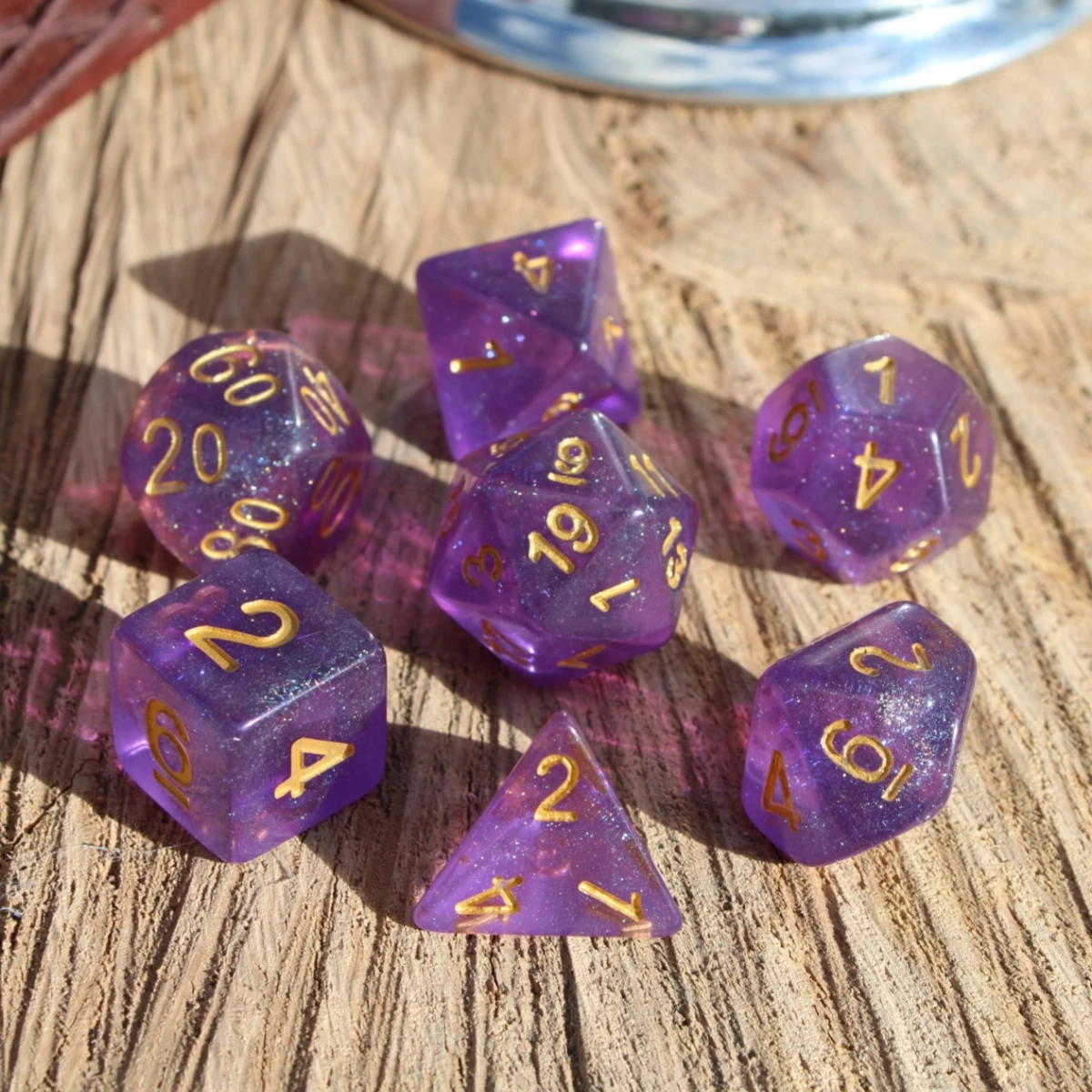 Juego de 7 dados de cielo estrellado de galaxia púrpura violetas para DND mazmorras y dragones, juegos de mesa D & D RPG, juego de rol de mesa