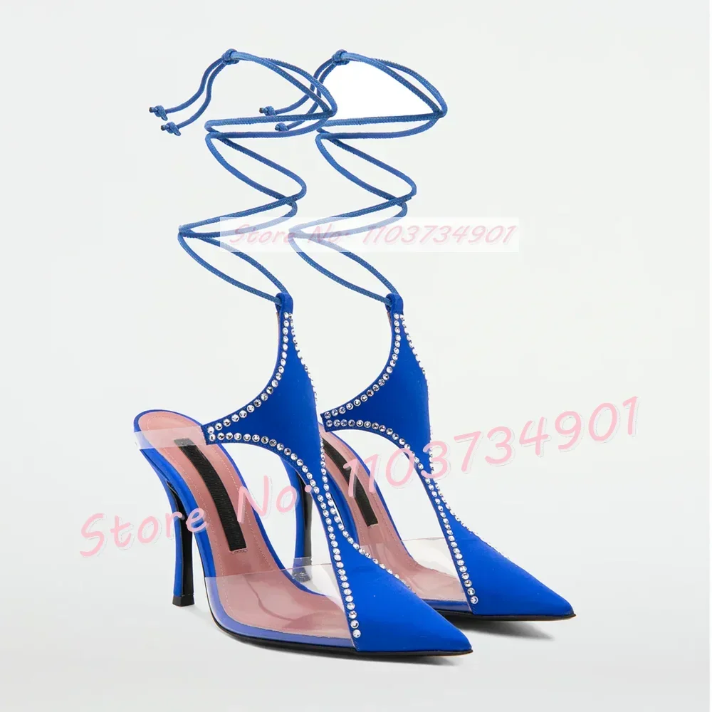 Crystals Cross Tied High Heels Satin Sandals Women Elegant Clear Pvc Pointy Toe Shoes Girl Party Rhombus Upper Lace Up Sandals