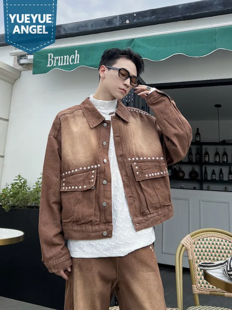 Streetwear Mens Denim Jacket Jeans Two Piece Set Spring Autumn Loose Fit Vintage Designer Rivet Harajuku Men Matching Set Outfit