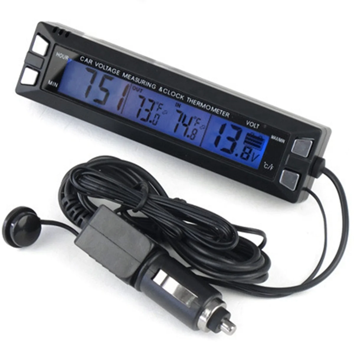 2025+12V 24V Car Thermometer LCD Digital Vehicle Voltage Monitor Clock Car Temperature Meter Voltmeter Cable Sensor
