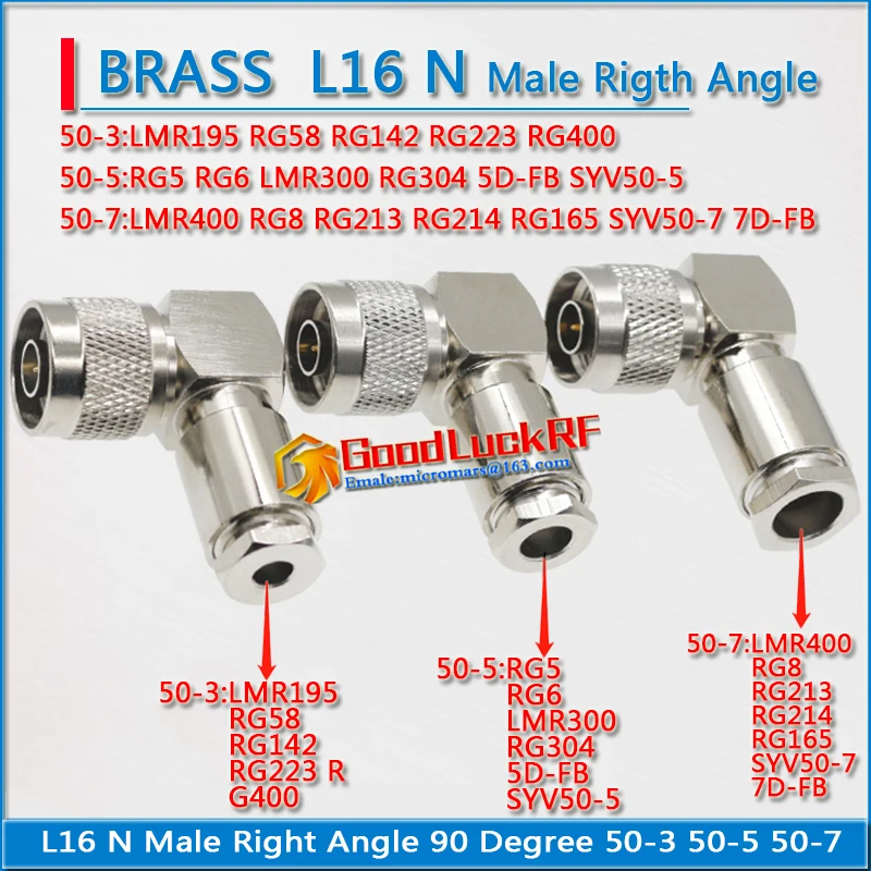 L16 N Male 90 Degree Right Angle Clamp For LMR195 RG58 RG142 RG5 RG6 RG304 LMR400 RG8 RG213 RG165 Cable RF Coaxial Adapters