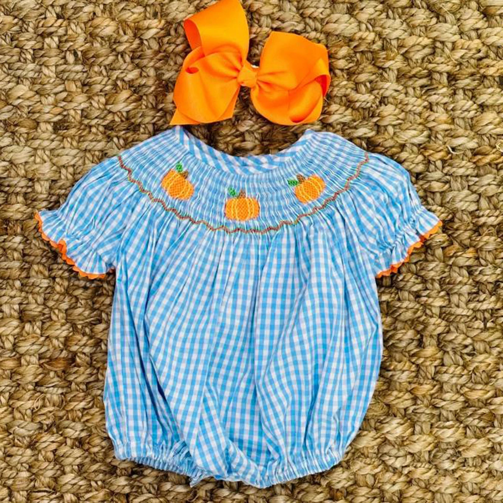 Baby Halloween Fall Romper Pumpkin Embroidered Plaid Short Sleeve Round Neck Ruffled Jumpsuits