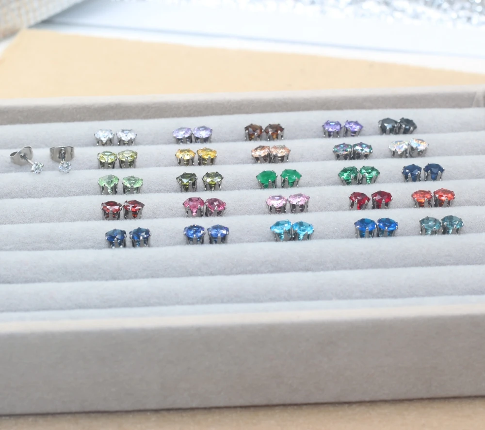 5mm Round Colorful AAA Zircons Hypoallergenic Stianless Steel Stud Earrings  Brief Jewelry  Never Fade