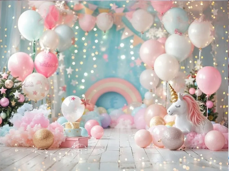 

Unicorn Princess Girl Castle Rainbow Balloon backdrops computer print newborn baby Photography Studio Backgrounds