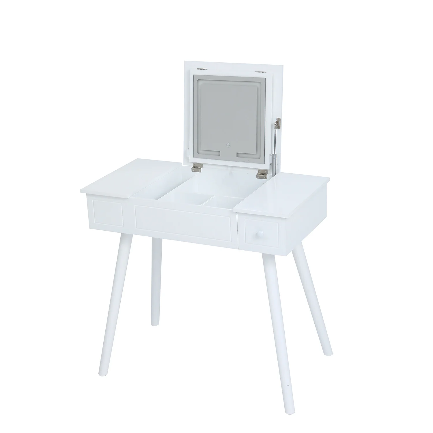 

Vanity Table Set with LED Mirror, Flip Top Makeup Dressing Table Writing Desk with Cushioning Makeup Stool Set, 2 Drawers, White