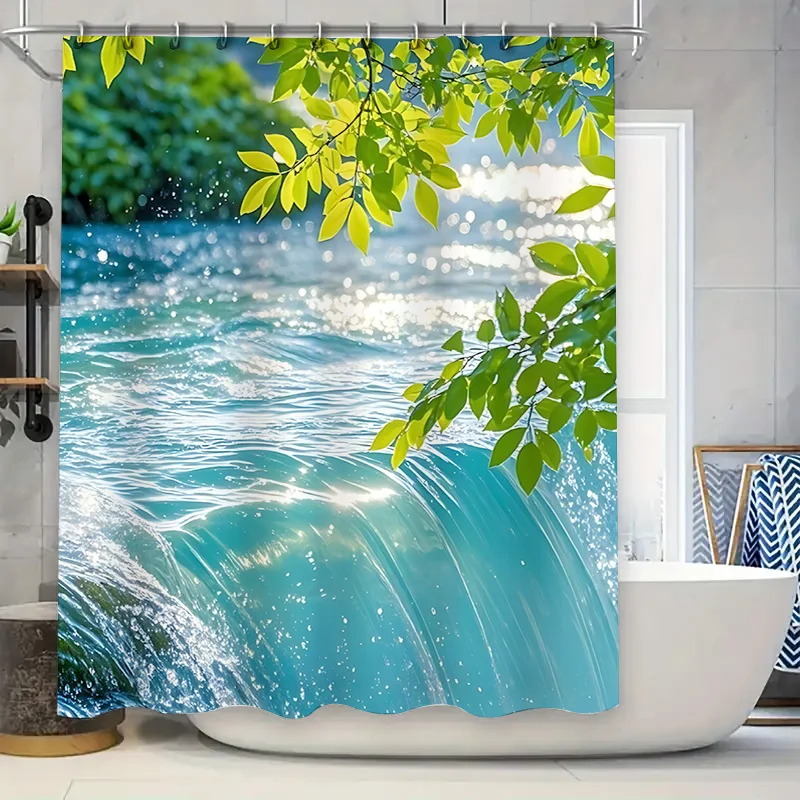 Fresh Waterfall and Green Leaves Shower Curtain for Bathroom - Nature Scene Decorative Waterproof Durable  Rustproof Hooks‌