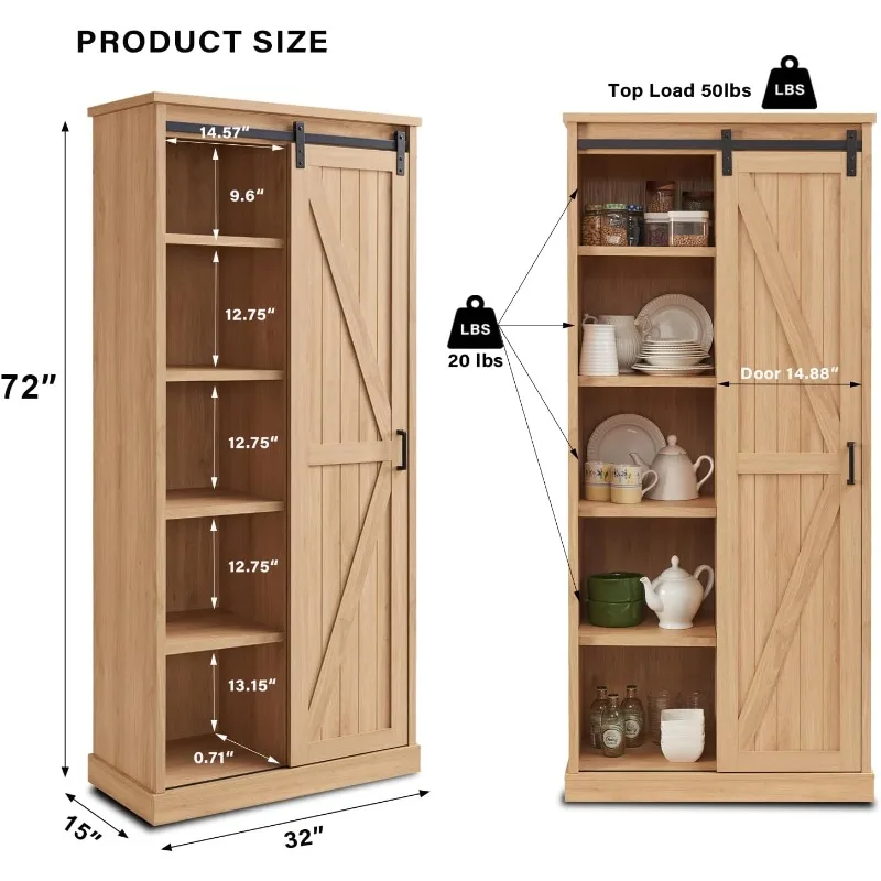 Large Kitchen Pantry with Sliding Barn Doors & Adjustable Shelves, Versatile Cupboard for Kitchen,Dining Room,Bathroom,Log Color