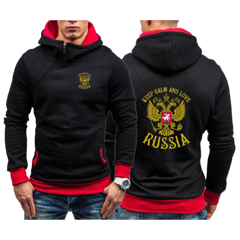 

Russia Badge Gold Eagle Printed Hooded Men Pullover Diagonal Zipper Hoodies Autumn Winter Workout Casual Jackets Sweatshirts