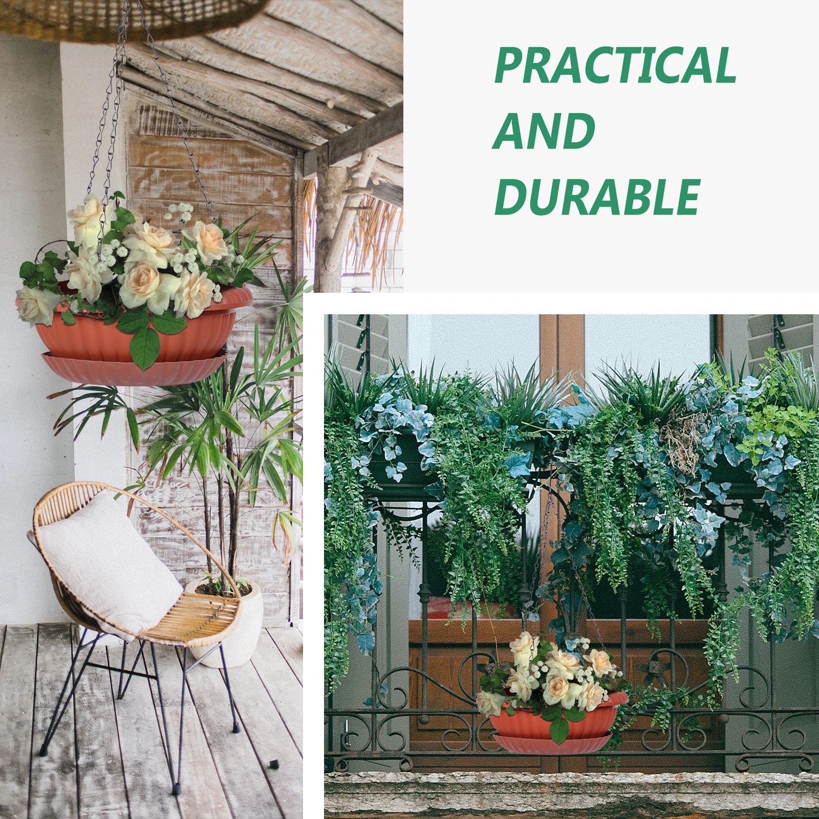 

4 Sets Multi-Purpose Semi-Circular Hanging Flower Balcony Succulent Plant Containers Iron Planter With Trays Garden Accessories