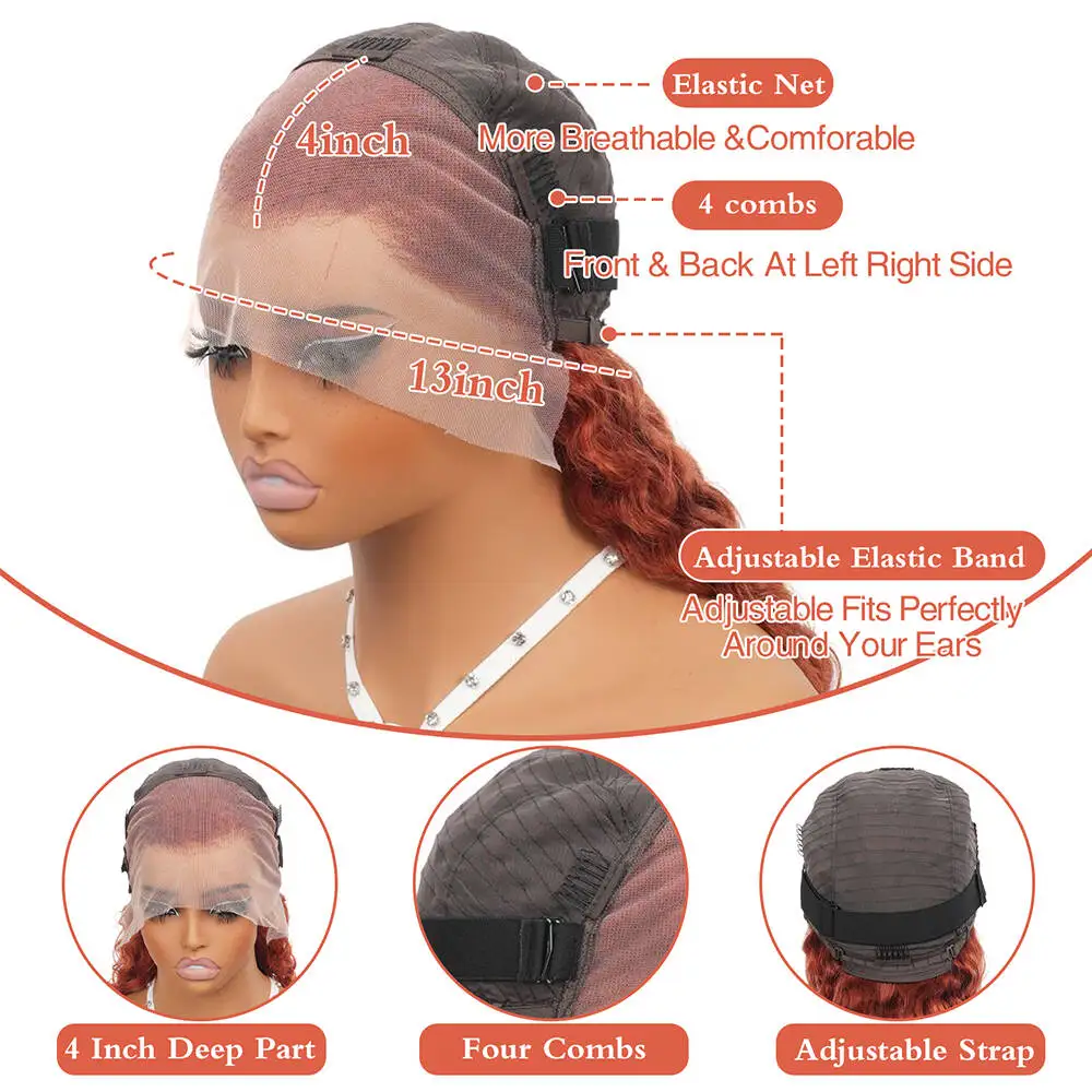 الزنجبيل 350 موجة عميقة الدانتيل الجبهة الباروكات شعر الإنسان 13x4 مجعد برتقالي ملون الدانتيل الباروكة الأمامية قبل قطعها مع شعر الطفل HD لينة