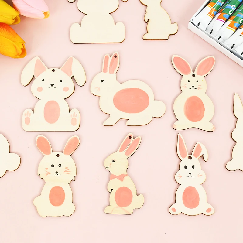 

6pcs Easter Wooden Rabbit Ornament Unfinished DIY Painting Craft Bunny Wood Chips Pendant for Happy Easter Party Home Decoration