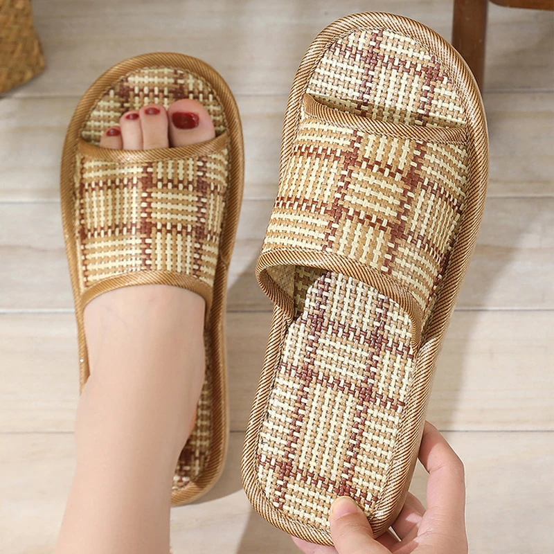 

Летние мужские домашние тапочки, нескользящие тапочки из бамбука и ротанга, женские домашние тапочки для пар, пляжная обувь, шлепанцы, четыре сезона