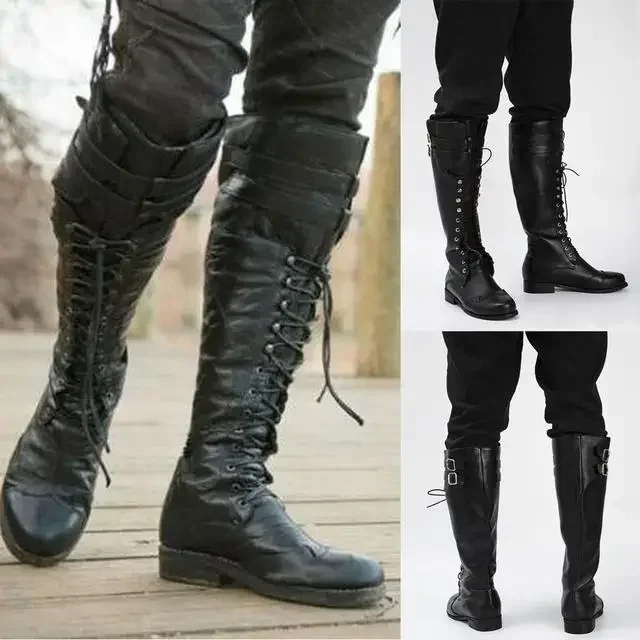 

Medieval Steampunk Cosplay Boots Men Winter Larp Viking Pirate PU Leather Shoes Carnival Party Fancy Knight Boots 37-48