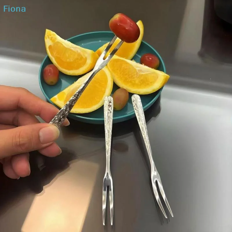 ✓Mini Stainless Steel Fruit Forks Set,Hammered Handle Appetizer Forks,2-Tine Dessert Cocktail Forks for Home and Party
