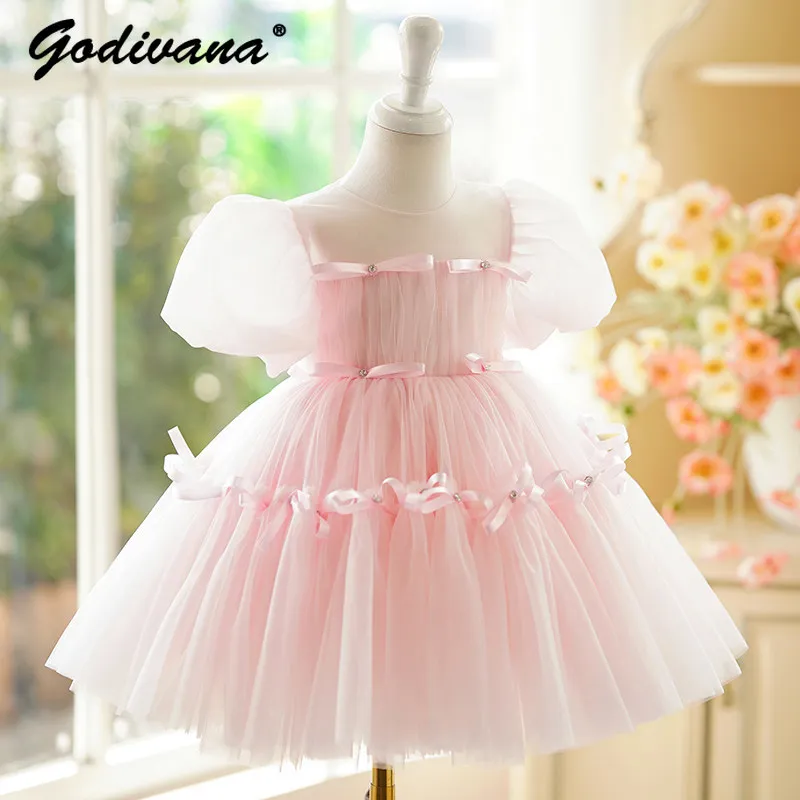 Sweet Girls High End Host Performance Princess Dress Kids 2026 Summer New Elegant Puff Sleeve Bow Tulle Birthday Party Tutu Gown