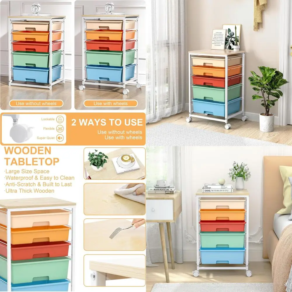 

Тележка для хранения под столом с 5-мя ящиками и деревянной столешницей для органайзеров