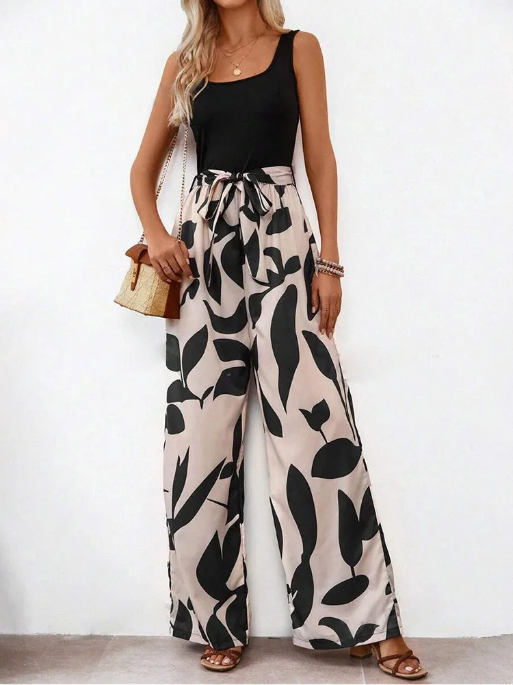 Elegant Sexy Jumpsuits Women Sleeveless Floral Print Patchwork Trousers Wide Leg Tanks Rompers Loose Style Belted Leotard Overal