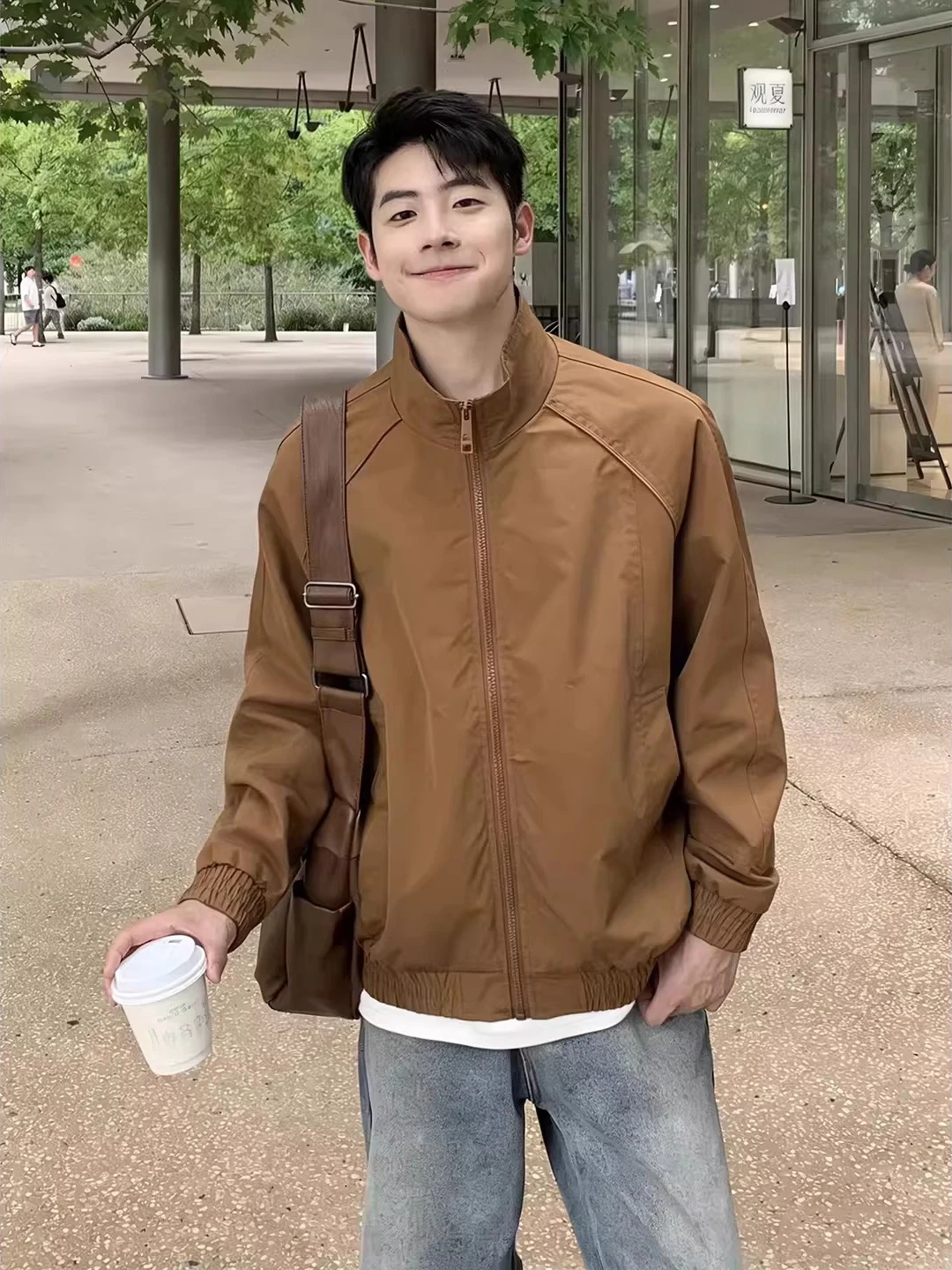 

Brown Patchwork Stand Collar Flight Jaet Men's Spring Cleanfit oulder High Street ort Ball Game Sle American Casual Coat