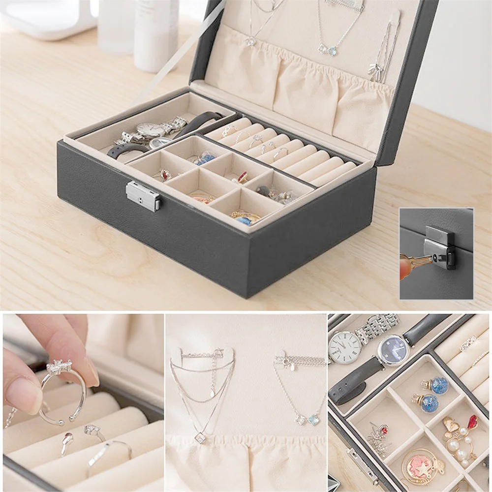 Double Layer Leather Jewelry Box Storage Box For Women's Earrings Ring Necklace Storage Box With Lock For Jewelry Box