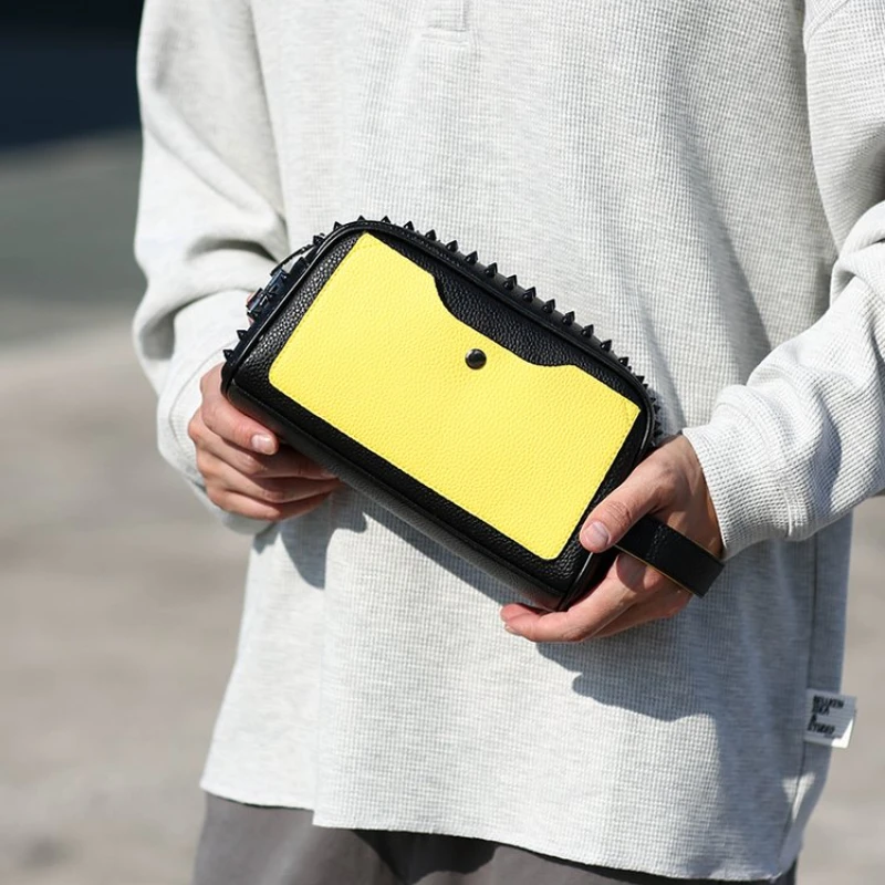 Trendy Black Yellow Rivet Clutch Bag for Men Women PU Leather Zip Toiletry Handbag with Hand Strap Cool Punk Style Travel Makeup
