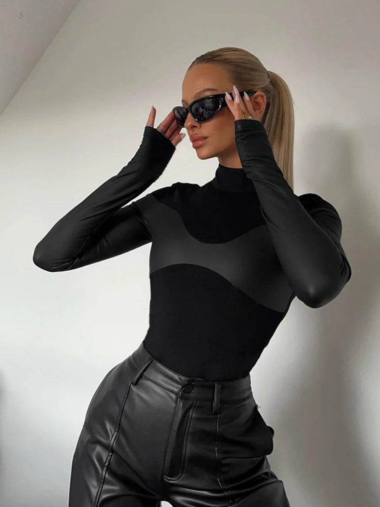 

PU Splicing Bodysuit Turtleneck Lingerie Sexy Body Feminino Long Sleeve One-pieces Black Top Women Y2k Clothes Slim Rave Outfit