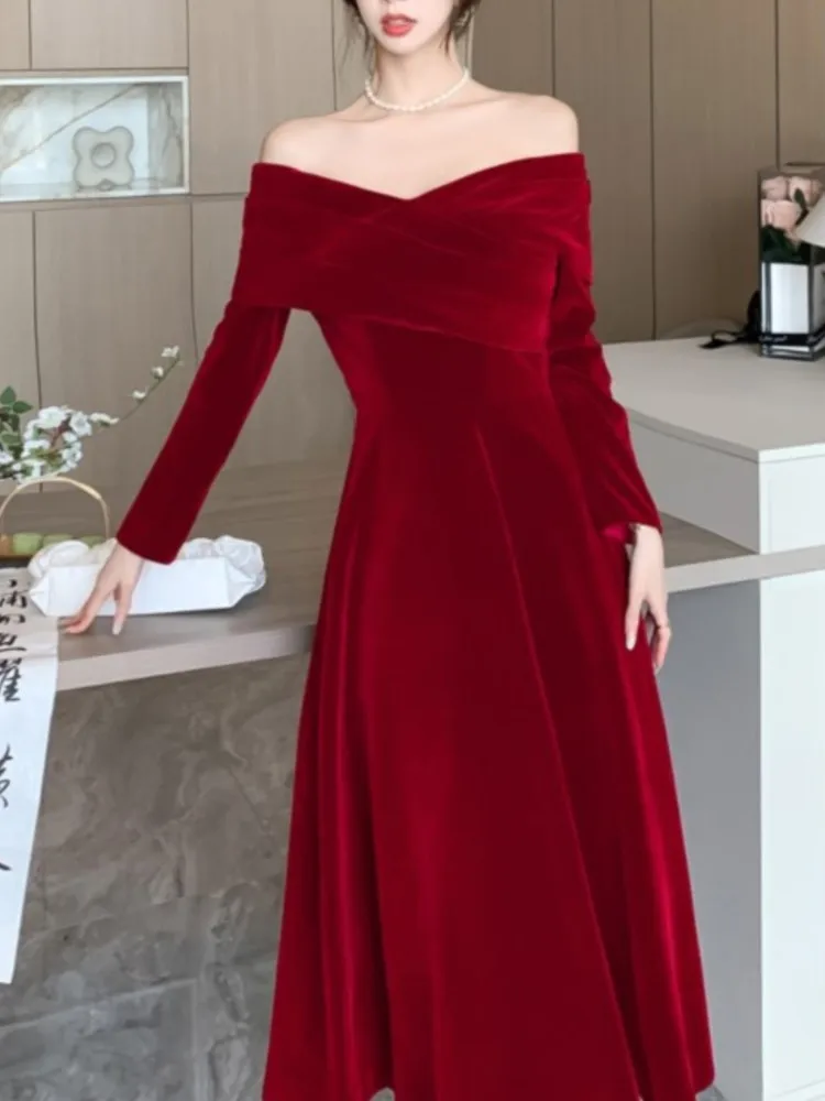 Wine Red Vintage Elegant Women Dresses New Autumn Slash Neck Long Sleeve Wedding Party Dress Female Midi Vestidos Chic Clothing