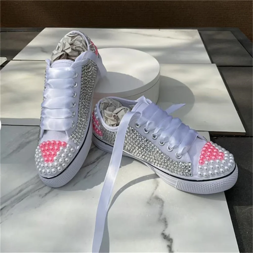 White low top pearl rhinestones ribbon custom style canvas shoes integrated sports casual shoes women\'s shoes 35-46