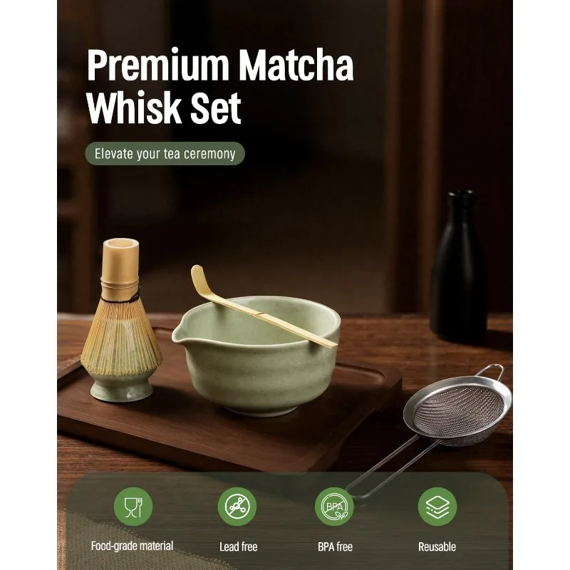 Complete Matcha Whisk Set - ThymeSpace Bamboo Chasen, Scoop & Steel Sifter for Traditional Japanese Tea Ceremony Tools Kit