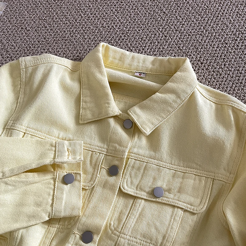 

Women Sweet Yellow Denim Coat Loose Casual Turn Down Collar Single Breasted Jacket Temperament Fashion Versatile Pockets Tops