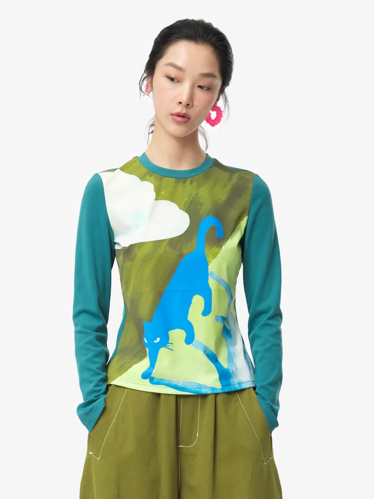 

MOVEUP Slimming Long Sleeved Round Neck T-Shirt Autumn Cat Print Tee Personality Fashion Office Knitted Top For Women 324310508