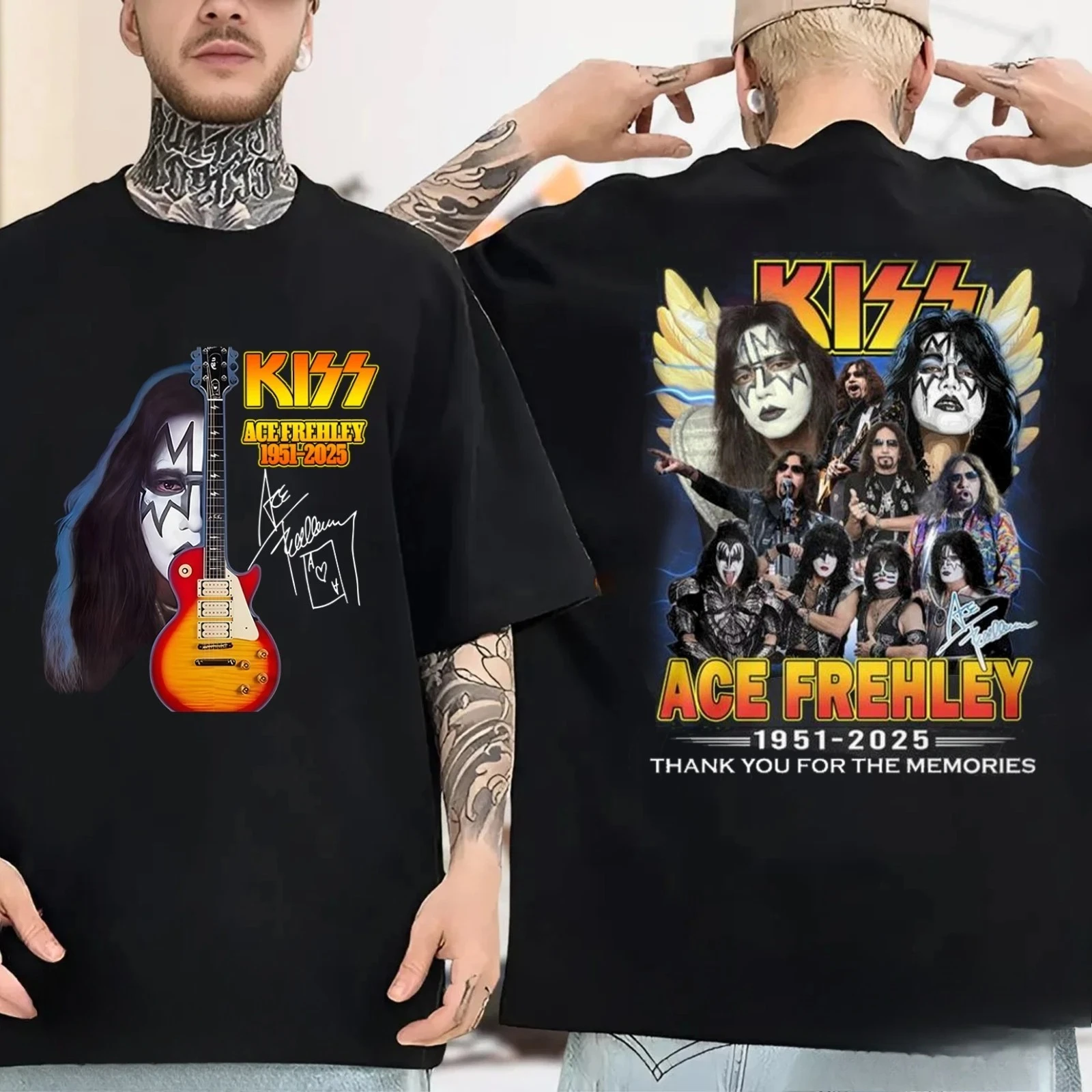 تي شيرت Ace Frehley Legendary 1951-2025 الجديد ذو التوقيع التذكاري متعدد الألوان الفاخرة الراقية لكل من الرجال والنساء قمة Y2k للصيف #2