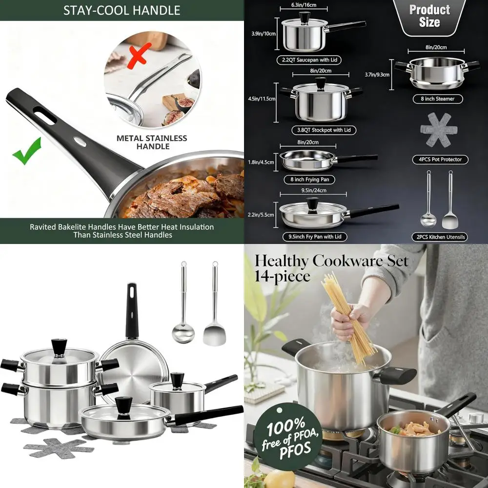 

Набор посуды из нержавеющей стали из 14 предметов с прохладными ручками, нетоксичный, можно мыть в посудомоечной машине для всех плит