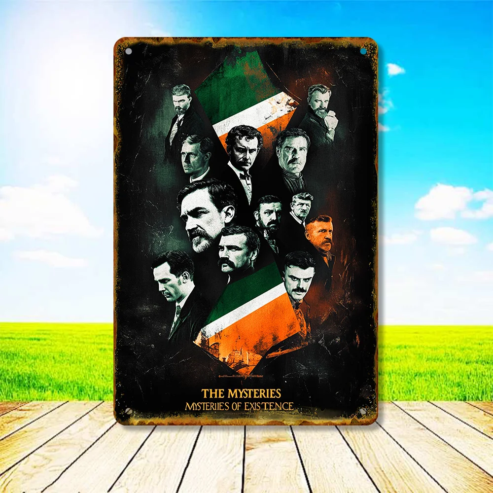Vintage Irish Wall Art - Metal Sign with Bearded Men in Suits, Green, White, and Orange Flag Design, Rustic Decor for Home