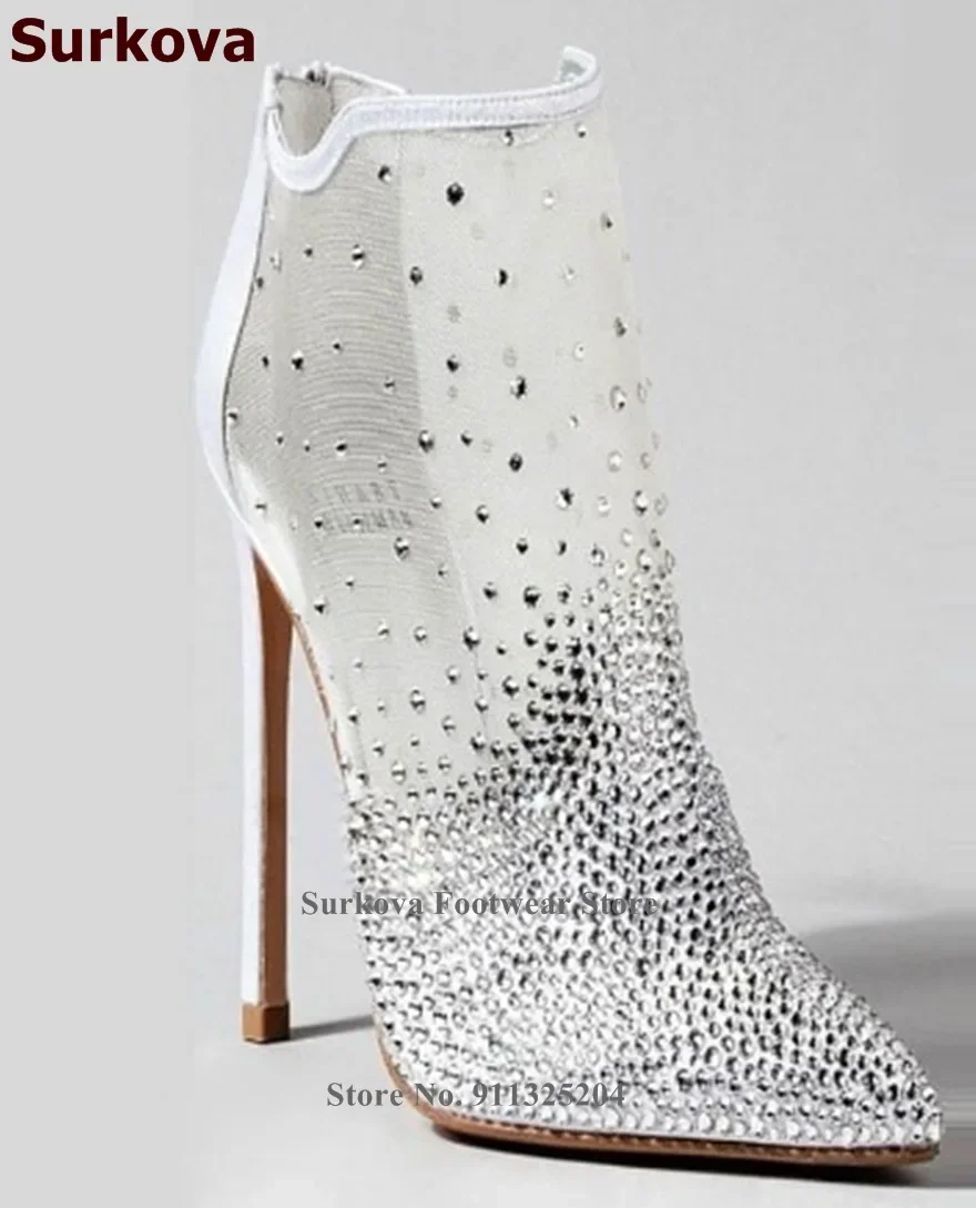 Surkova, botines blancos de malla de retales con cristales, zapatos de vestir de novia decorados con diamantes de imitación ostentosos, botines de tacón fino de lujo